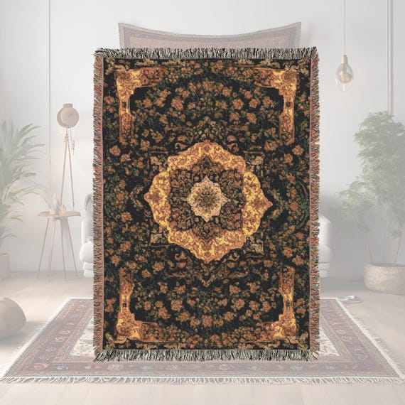 Woven Blanket Persian Rug inspired design - Woven 100% Premium Cotton Throw Blanket with Colorful Fringe - Cozy Home Decor, Wall Tapestry