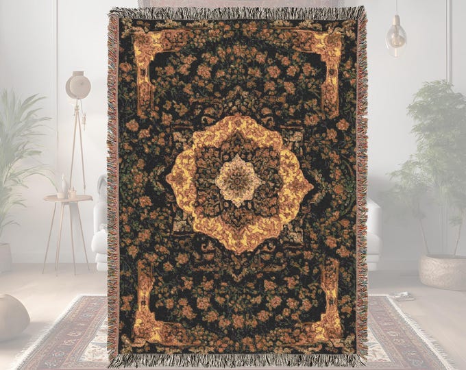 Woven Blanket Persian Rug inspired design - Woven 100% Premium Cotton Throw Blanket with Colorful Fringe - Cozy Home Decor, Wall Tapestry