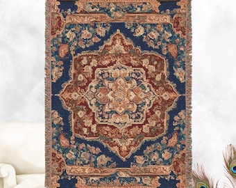 Abstract Persian design - Woven 100% Premium Cotton Throw Blanket with Colorful Fringe - Cozy Home Decor, Wall Tapestry, or Couch Accent