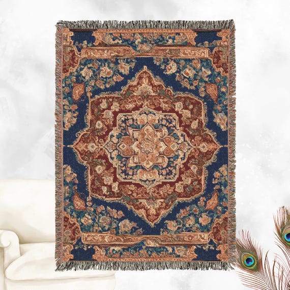Abstract Persian design - Woven 100% Premium Cotton Throw Blanket with Colorful Fringe - Cozy Home Decor, Wall Tapestry, or Couch Accent