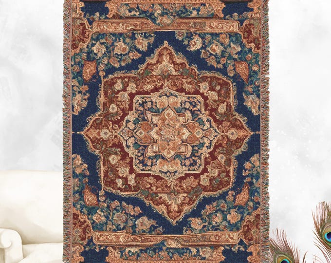 Abstract Persian design - Woven 100% Premium Cotton Throw Blanket with Colorful Fringe - Cozy Home Decor, Wall Tapestry, or Couch Accent