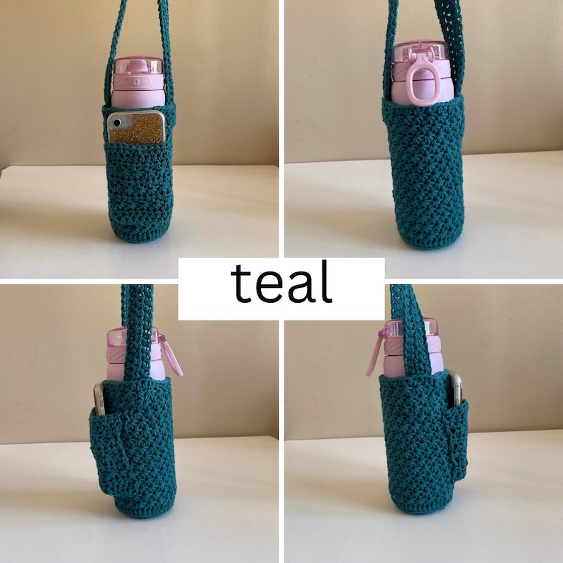May include: Teal crocheted water bottle holder with a pocket for a phone. The holder is made with a textured stitch and has a long strap for carrying.