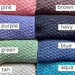May include: A close-up of eight crocheted swatches in different colors, including pink, brown, purple, navy, green, blue, tan, and aqua. Each swatch has a star-shaped stitch pattern.
