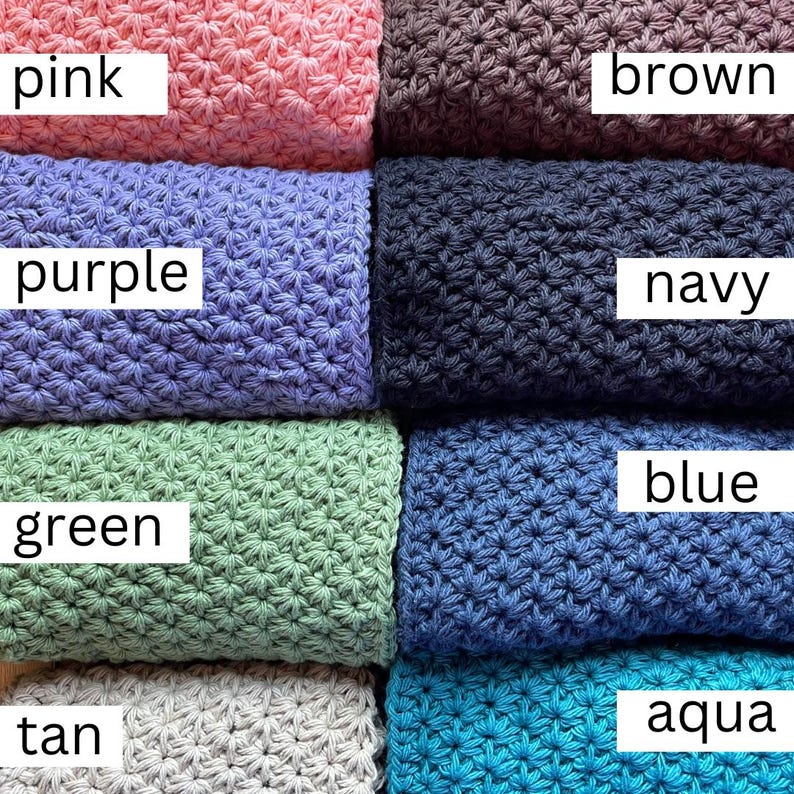 May include: A close-up of eight crocheted swatches in different colors, including pink, brown, purple, navy, green, blue, tan, and aqua. Each swatch has a star-shaped stitch pattern.