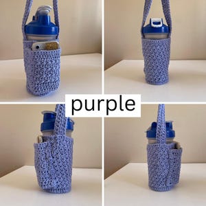 May include: Purple crocheted water bottle holder with a strap. The holder has a pocket on the side.
