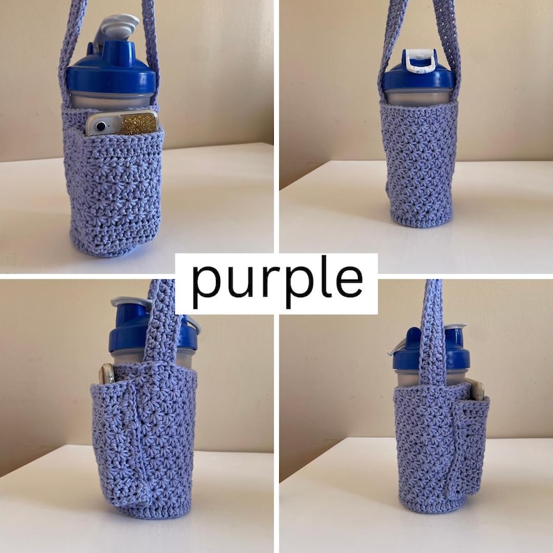 May include: Purple crocheted water bottle holder with a strap. The holder has a pocket on the side.
