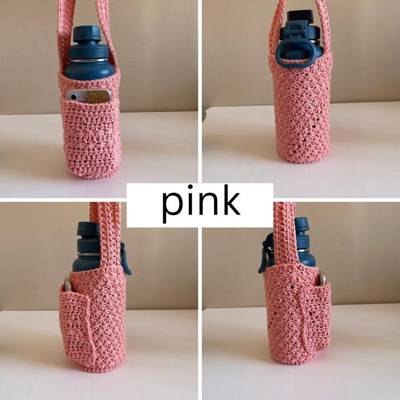 May include: Pink crocheted water bottle holder with a pocket for a phone. The holder has a strap for carrying.