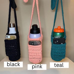 Water Bottle Cell Phone Carrier | Crossbody Water Bottle Carrier | Reusable Crochet Hands-Free Travel Cup Holder Black