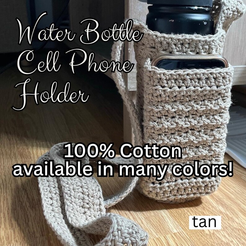 Water Bottle Cell Phone Carrier | Crossbody Water Bottle Carrier | Reusable Crochet Hands-Free Travel Cup Holder image 2