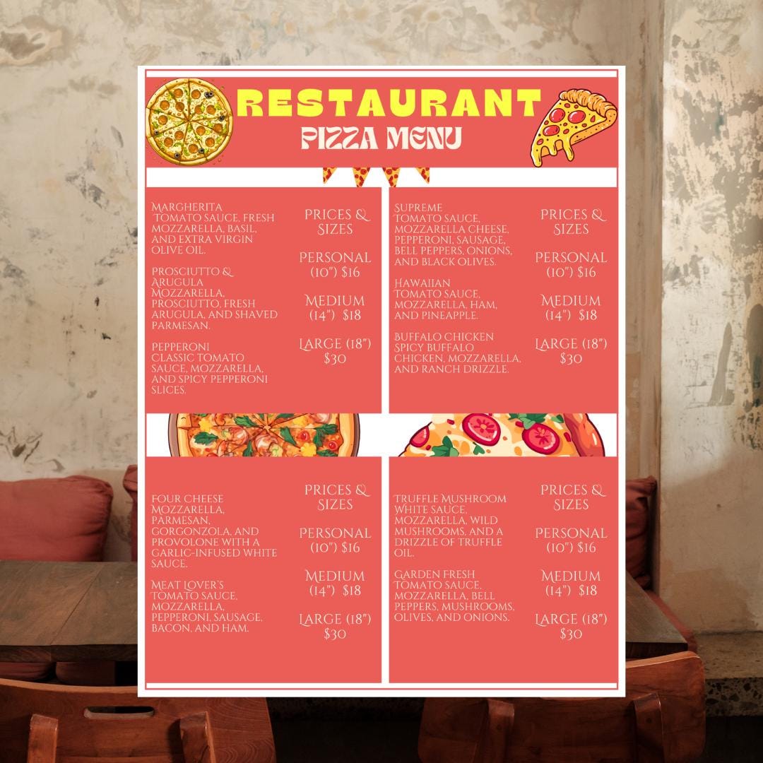 Editable Pizza Menu.pdf Pizza Restaurant Menu Template: Editable Canva Design (8.5x11) (digital ...