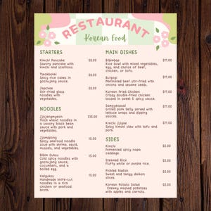 Modello di menu per ristorante coreano - Menu Canva modificabile - Menu di cucina coreana stampabile / 8,5x11 / Design digitale personalizzato