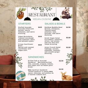 Modèle de menu de restaurant végétalien - Menu Canva modifiable - Menu imprimable d'aliments à base de plantes | 8,5 x 11 | Conception numérique personnalisée