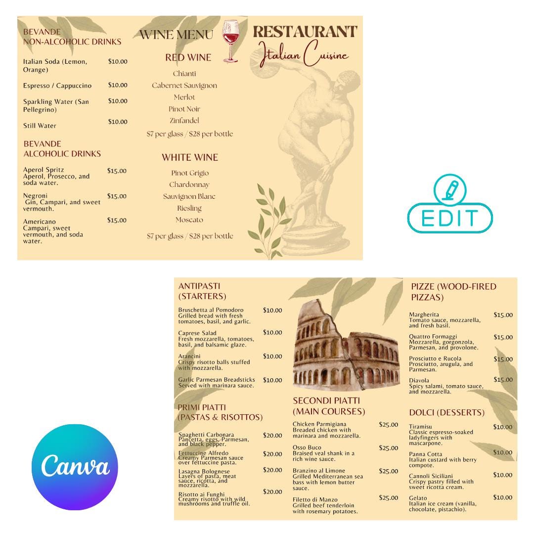 Italian Restaurant Menu Template: Tri-fold Canva Design (digital ...