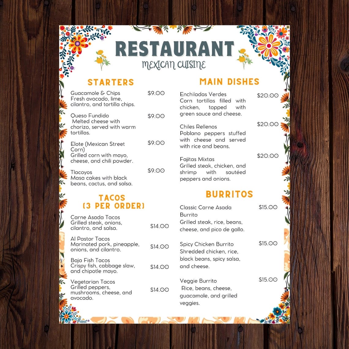 Mexican Restaurant Menu Template Editable Canva Design (8.5x11) Etsy