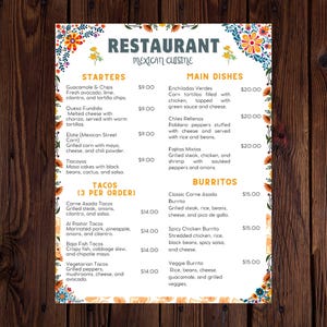 Plantilla de menú de restaurante mexicano - Menú editable en Canva - Menú de comida colorido e imprimible / 8.5x11 / Plantilla de menú digital personalizada
