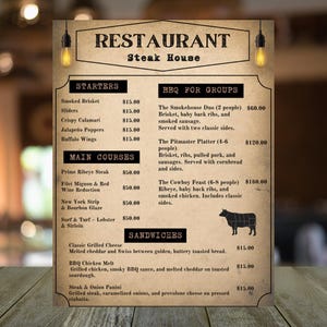 Plantilla de menú de asador - Menú editable en Canva - Menú imprimible para restaurante de carnes y parrillas / 8.5x11 / Plantilla digital personalizada