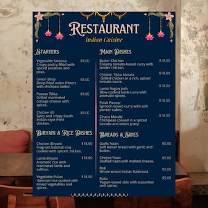 Plantilla de menú de restaurante indio (menú editable en Canva) - Menú imprimible de curry y tandoori / 8,5 x 11 / Plantilla digital personalizada