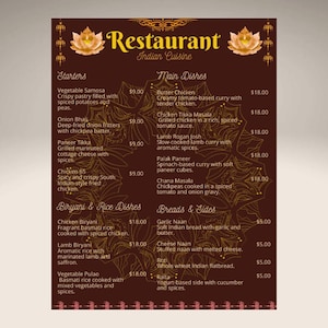 Plantilla de menú de restaurante indio (menú editable en Canva) - Menú imprimible de curry y tandoori / 8,5 x 11 / Plantilla digital personalizada