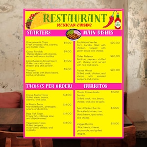 Mexican Restaurant Menu Template – Editable Canva Menu - Colorful Food Menu Printable | 8.5x11 | Custom Digital Menu Template