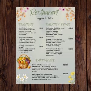 Modèle de menu de restaurant végétalien - Menu Canva modifiable - Menu imprimable d'aliments à base de plantes | 8,5 x 11 | Conception numérique personnalisée