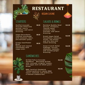 Modèle de menu de restaurant végétalien - Menu Canva modifiable - Menu imprimable d'aliments à base de plantes | 8,5 x 11 | Conception numérique personnalisée