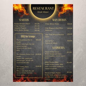 Steakhouse Menu Template – Editable Canva Menu – Printable Meat & Grill Restaurant Menu | 8.5x11 | Custom Digital Template