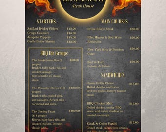 May include: A black and white menu for a steak house restaurant. The menu lists starters, main courses, BBQ for groups, and sandwiches. The prices are listed next to each item. The menu is on a black background with a red and yellow flame design.