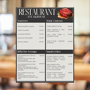 Steakhouse Menu Template – Editable Canva Menu – Printable Meat & Grill Restaurant Menu | 8.5x11 | Custom Digital Template