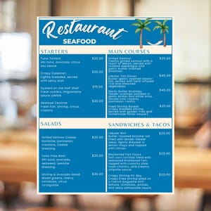 Plantilla de menú de restaurante de mariscos - Menú editable en Canva - Menú imprimible de pescado y parrilla / 8.5x11 / Diseño digital personalizado