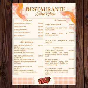 Steakhouse Menu Template – Editable Canva Menu – Printable Meat & Grill Restaurant Menu | 8.5x11 | Custom Digital Template