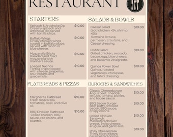 Restaurant Menu Template - Aesthetic Design, Printable 8.5x11 (Canva Editable)