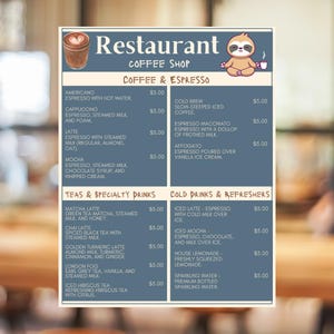 Modèle de menu de café - Menu modifiable sur toile - Menu imprimable des boissons et des pâtisseries du café | 8,5 x 11 | Conception numérique personnalisée