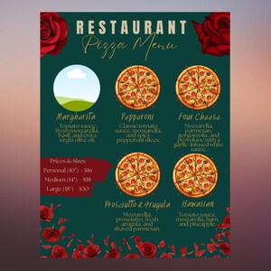 Pizza Menü Vorlage - Bearbeitbares Canva Menü - Druckbares Pizzeria Menü | 8,5x11 | Kundenspezifisches digitales Design