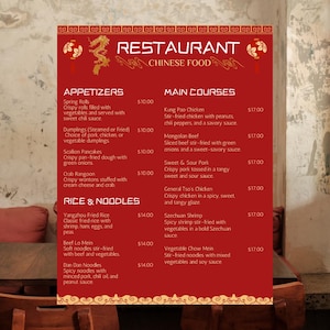 Modelo de Cardápio de Restaurante Chinês – Cardápio Editável do Canva – Cardápio de Comida Asiática para Imprimir | 8,5x11 | Modelo Digital Personalizado