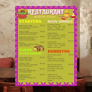 Plantilla de menú de restaurante mexicano - Menú editable en Canva - Menú de comida colorido e imprimible / 8.5x11 / Plantilla de menú digital personalizada