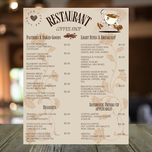 Plantilla de menú de cafetería - Menú editable en Canva - Menú imprimible de bebidas y pasteles / 8.5x11 / Diseño digital personalizado