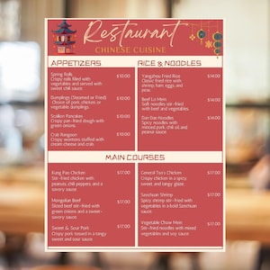 Modelo de Cardápio de Restaurante Chinês – Cardápio Editável do Canva – Cardápio de Comida Asiática para Imprimir | 8,5x11 | Modelo Digital Personalizado