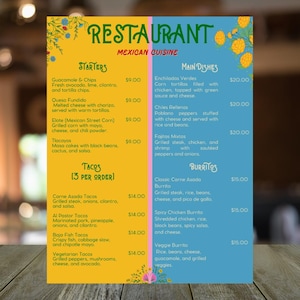 Plantilla de menú de restaurante mexicano - Menú editable en Canva - Menú de comida colorido e imprimible / 8.5x11 / Plantilla de menú digital personalizada