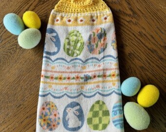 New Shop Discount! Soft Easter Egg Kitchen Hand Towel with Yellow or Blue Crochet Topper