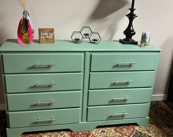 Sturdy, trendy, Magnificent Modern Stylish Green Dresser 8 drawers Long Nickel pulls Refinished Wood Dresser Solid wood Chest of drawers