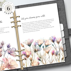 Painel de planejamento de flores silvestres para impressão, separadores de diário botânico de primavera com citações inspiradoras, capas A5 para inserir, tamanho individual
