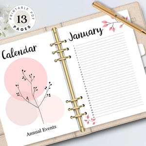 Perpetual Calendar Printable - Pink Floral Design - Undated Monthly Planner Inserts - Birthday List & Cover Page - Digital Download PDF
