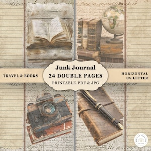 Diario de viaje imprimible: libro vintage con páginas dobles rayadas para recuerdos y scrapbooking / Descarga digital