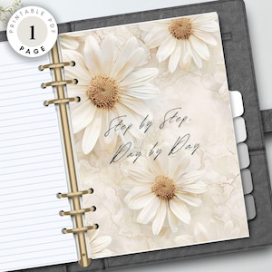 Planificador floral motivacional imprimible, diario estético de una página con divisor y portada - Descarga digital en PDF