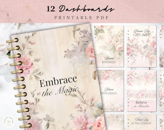 May include: A set of 12 printable PDF planner dashboards featuring a light wood grain background with soft pink and white floral illustrations. The cover displays the text Embrace the Magic, while other pages include phrases like Dream Big LOVE DEEP.