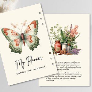 May include: Two cream-colored planner pages with punched holes. The front page features a large green and orange butterfly illustration, the text My Planner, and the phrase Great things require time to flourish. The back page shows botanical art.