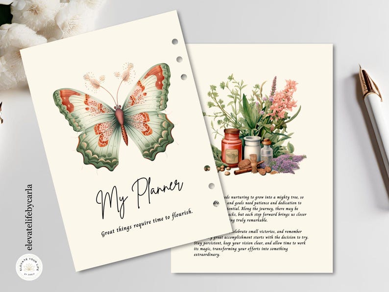 May include: Two cream-colored planner pages with punched holes. The front page features a large green and orange butterfly illustration, the text My Planner, and the phrase Great things require time to flourish. The back page shows botanical art.
