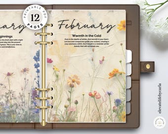 May include: A brown leather ring binder planner open to a February page featuring a floral watercolor background. The text reads February, Warmth in the Cold, and includes a circular badge stating Printable PDF 12 Pages. The planner has gold rings.