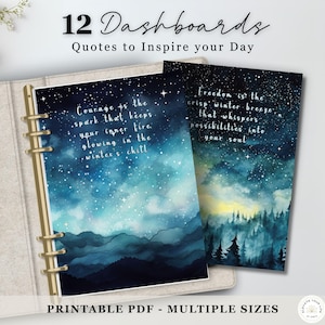 Puede incluir: Una carpeta beige con anillos dorados contiene dos páginas de citas inspiradoras. Las páginas presentan obras de arte en acuarela de un cielo estrellado y una escena de bosque. El texto incluye "12 Dashboards" y "Quotes to Inspire your Day."