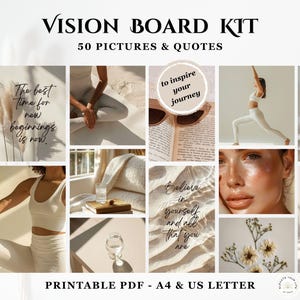 Puede incluir: Un kit de vision board con 50 imágenes y citas. Las imágenes incluyen citas inspiradoras, una persona haciendo yoga y un primer plano de un rostro. Disponible en tamaños A4 y US Letter.
